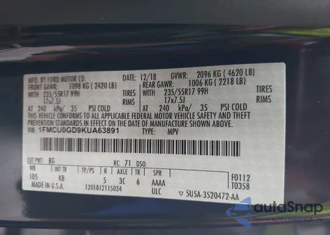 2019 Ford Escape Se z USA, uszkodzony, nr VIN 1FMCU0GD9KUA63891